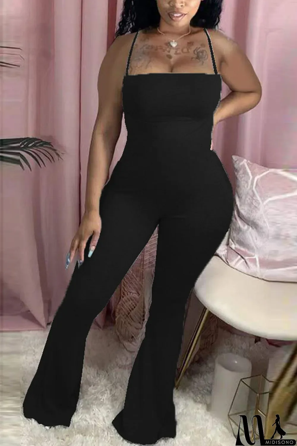 MidiSono - Dark Gray Fashion Sexy Solid Cotton Sleeveless Slip Jumpsuits