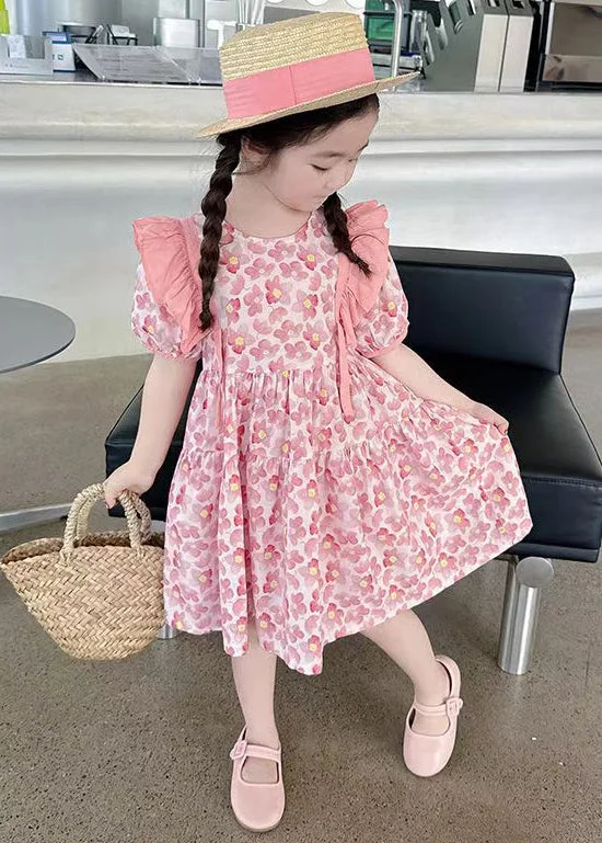 Pink Print Patchwork Cotton Girls Dress O Neck Short Sleeve