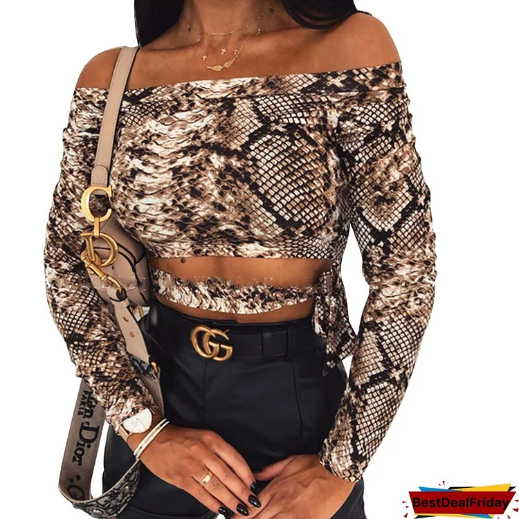Women's Fashion TopsAnd Blouses Snakeskin Print Off Shoulder Crop Top Long Sleeve Slim Sexy Vintage Shirts Female Spring Summer