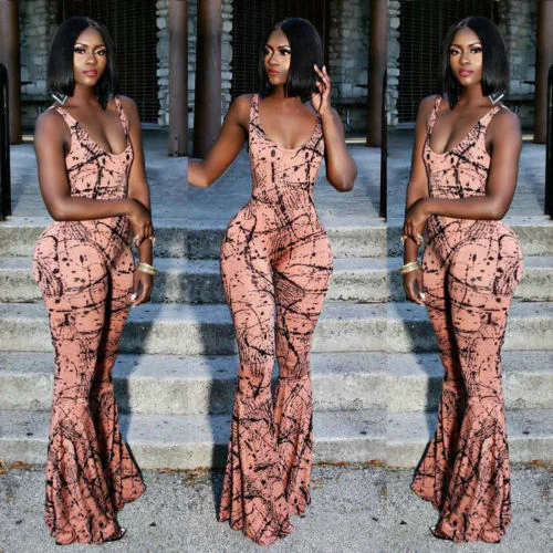 Sexy Women Sleeveless Strappy Jumpsuit Print V-Neck Skinny Flared Pants Romper Ladies Overalls Ruffled Hem Trousers Romper