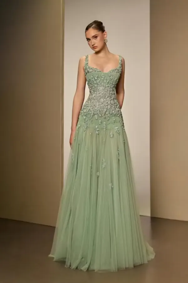 Miabel Dusty Sage Tulle Spaghetti Straps Sleeveless Long A-Line Prom Dress With Appliques