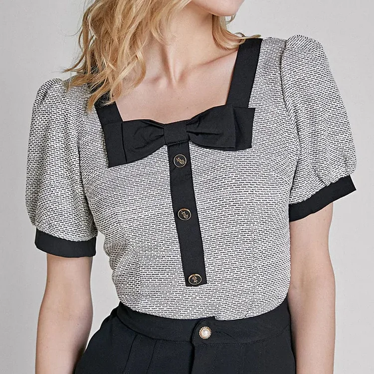 Grey Square Neck Puff Sleeve Blouse QueenFunky