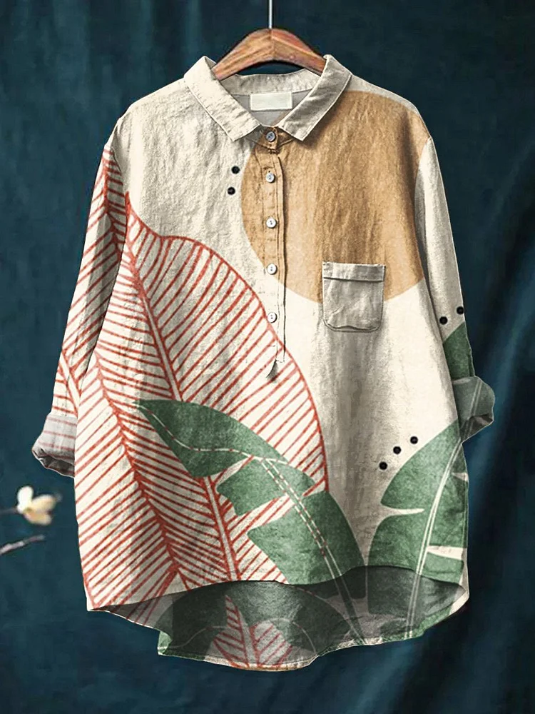 Women's  Abstract Geometric  Art  Print Casual Cotton And Linen Shirt