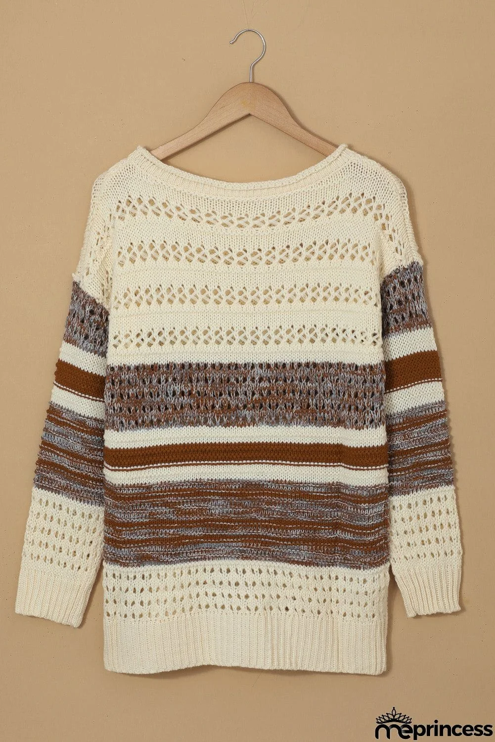 Brown Loose Openwork Round Neck Sweater