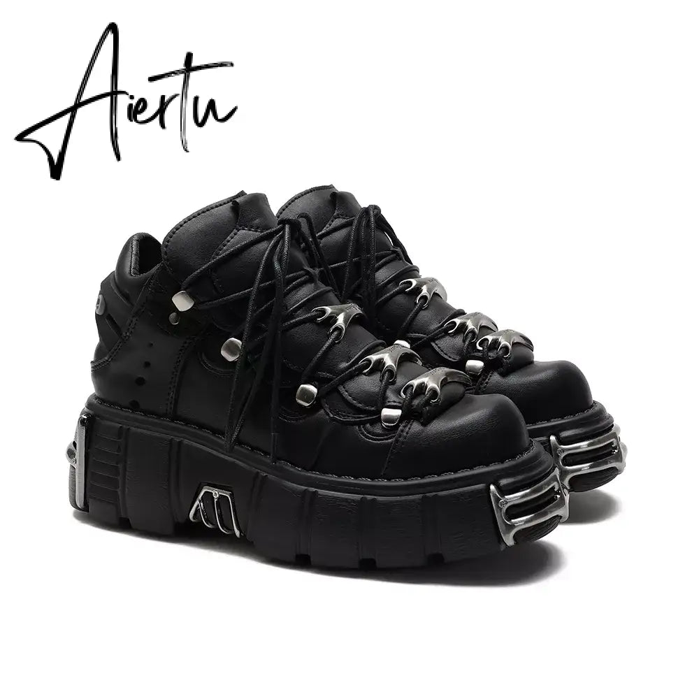Brand Punk Style Women Shoes Lace-up heel height 6CM Platform Shoes Woman Gothic Ankle Boots Metal Decor Woman Sneakers Aiertu