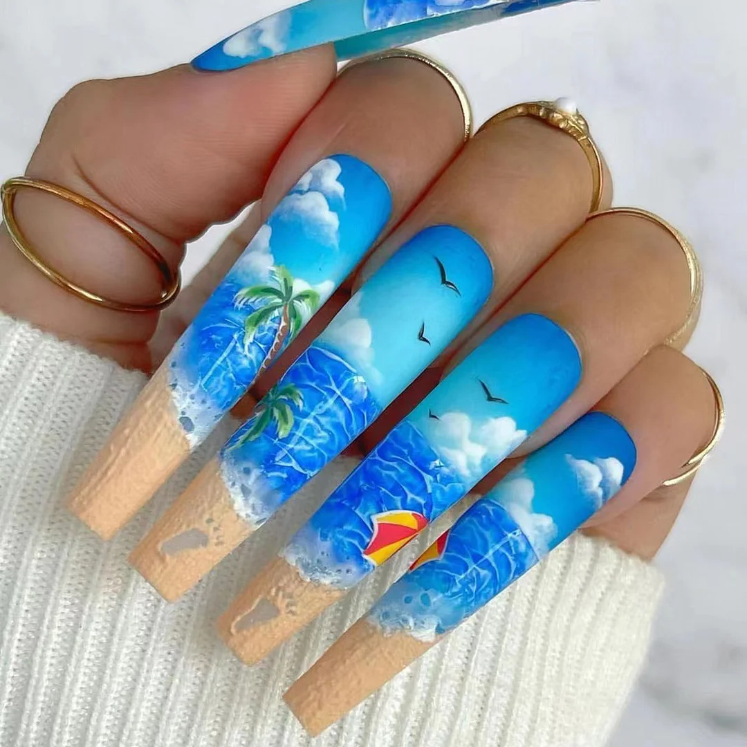Hawaiian Style Wearable Nail Stickers Cool Beach Manicure Long Ballet Nail Stickers Patch