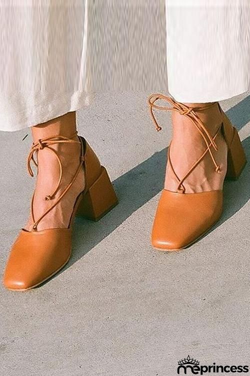Square Toe Lace Up Thick Heel Pumps