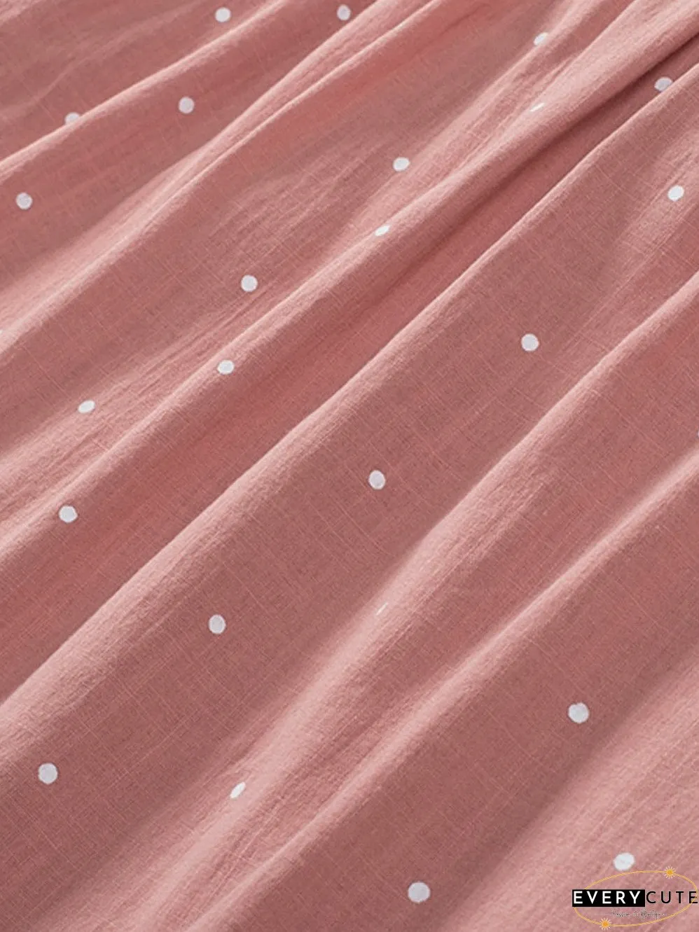 Pink Polka Dot Square Neck Puff Sleeve Blouse with Tie Back