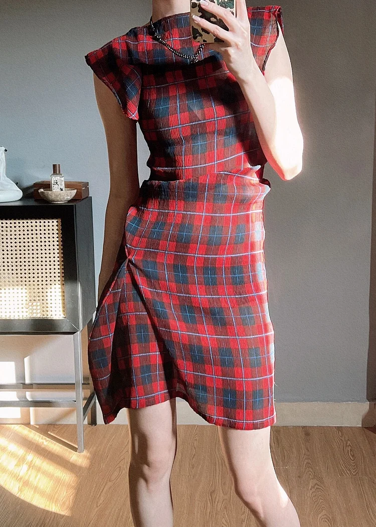 Original Red Plaid O Neck Wrinkled Chiffon Dress Butterfly Sleeve