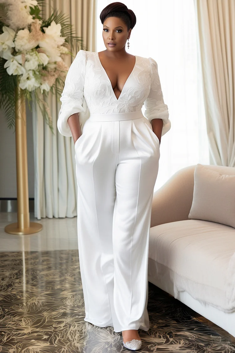 Xpluswear Design Plus Size Wedding White Elegant V Neck 3/4 Sleeve Pocket Satin Jumpsuits [Pre-Order] 2024 - Xpluswear