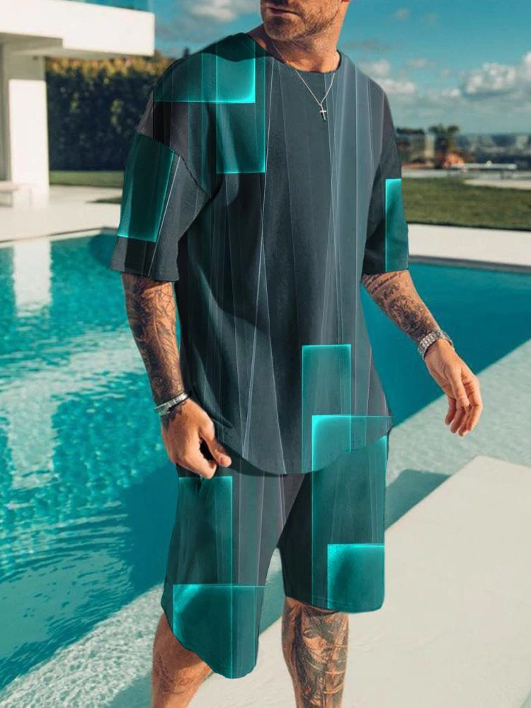 Men's Vacation Leisure Blue 3D Printed Geometric Suit