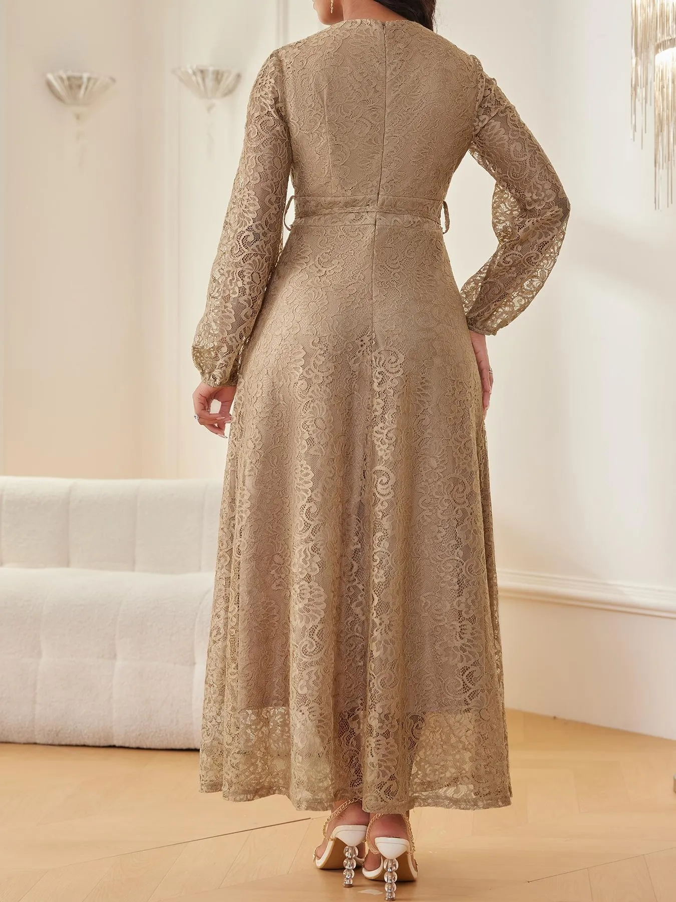 Women's Lace V-Neck Long Sleeve Dress, Elegant Chic Belted Waist, Slim Fit, Plain Color, Wedding Evening Formal Occasion, Spring & Fall