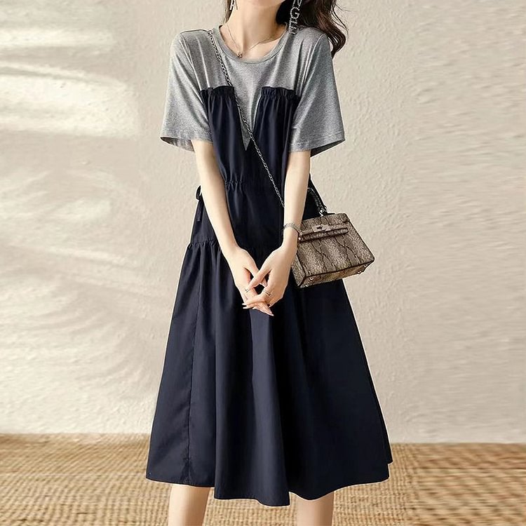 Navyblue A-Line Paneled Casual Dresses QueenFunky