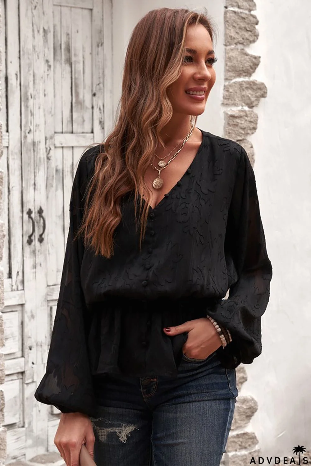 Shimmer Printed V Neck Ruffled Long Sleeve Top