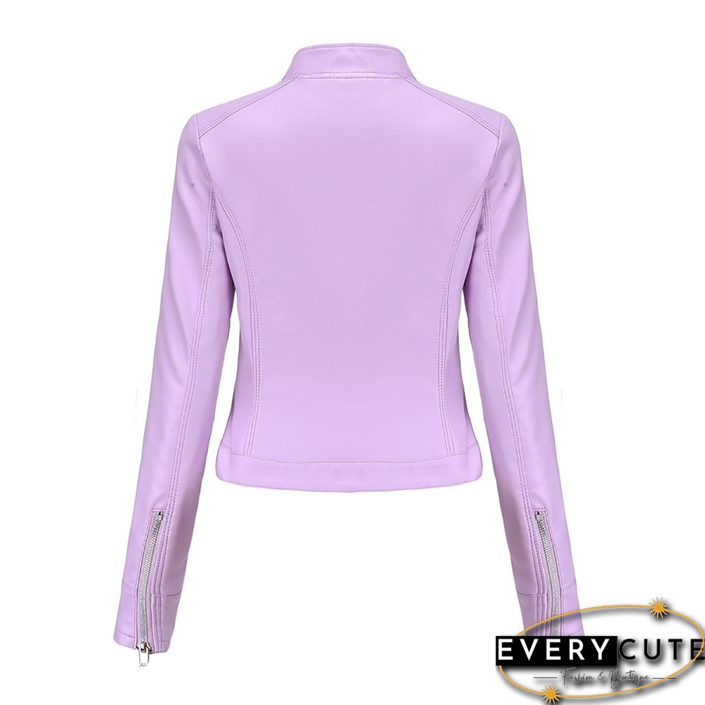 Light Purple PU Stand Collar Short Leather Jacket