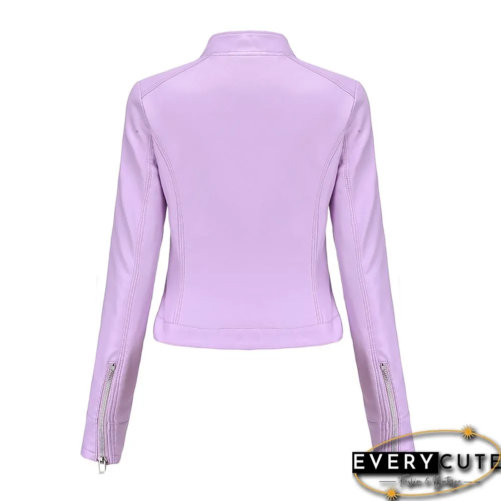 Light Purple PU Stand Collar Short Leather Jacket