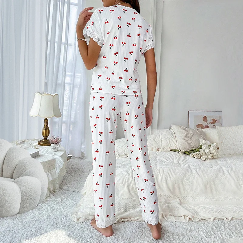 Uveng Gly Women's Pajamas Autumn And Winter Sexy V-Neck Lace Cherries Printed T-Shirts Trousers Homewear