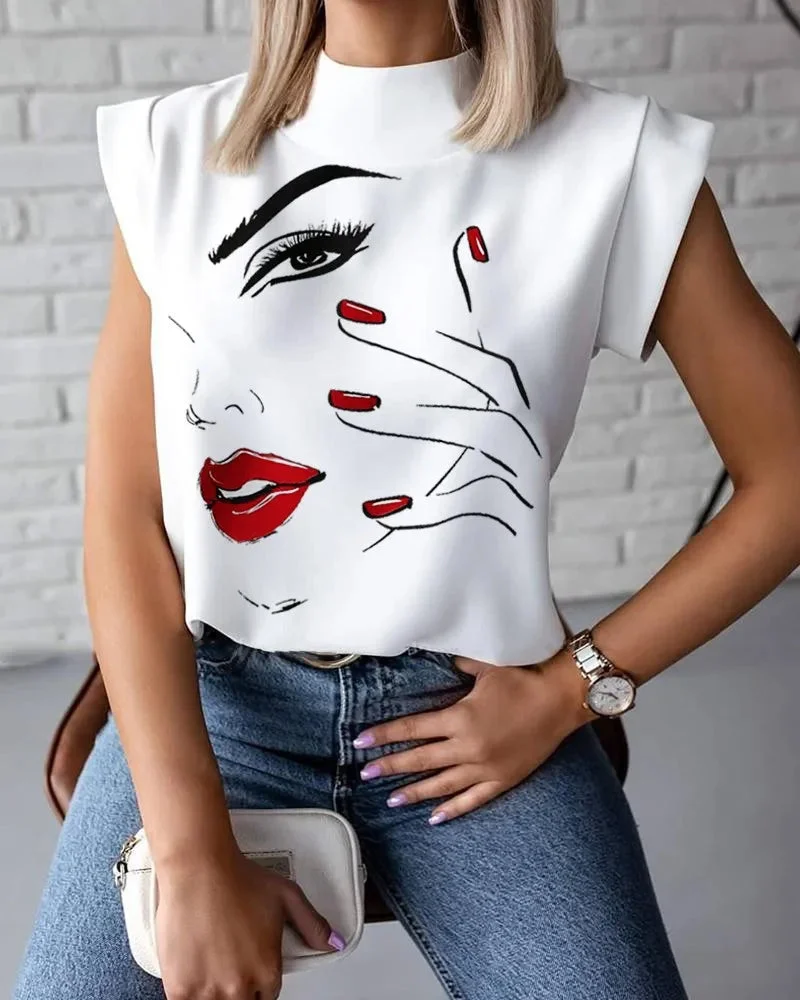 Oocharger New Fashion Women White Tops Summer Short Sleeve Stand Collar T-shirt Casual Red Lips Print Pullover Tees Plus Size