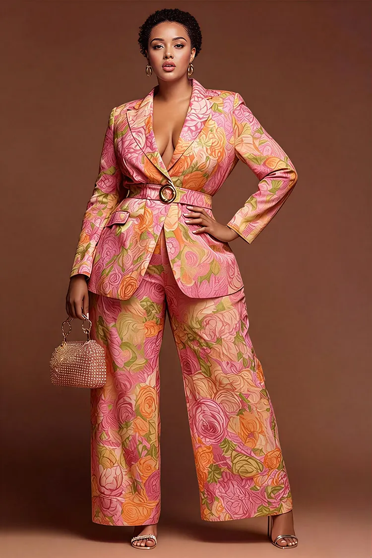 Xpluswear Design Plus Size Formal Pink Floral Turndown Collar Long Sleeve Pocket Satin Two Piece Pant Suits 2024 - Xpluswear