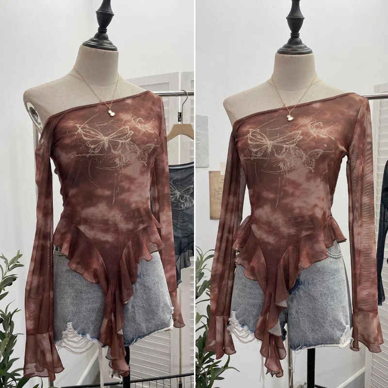 Uveng Millennial Y2k Babes Oblique Shoulder Thin Mesh Print Top Irregular Lotus Leaf Side Ribbon Short T-Shirt 6608