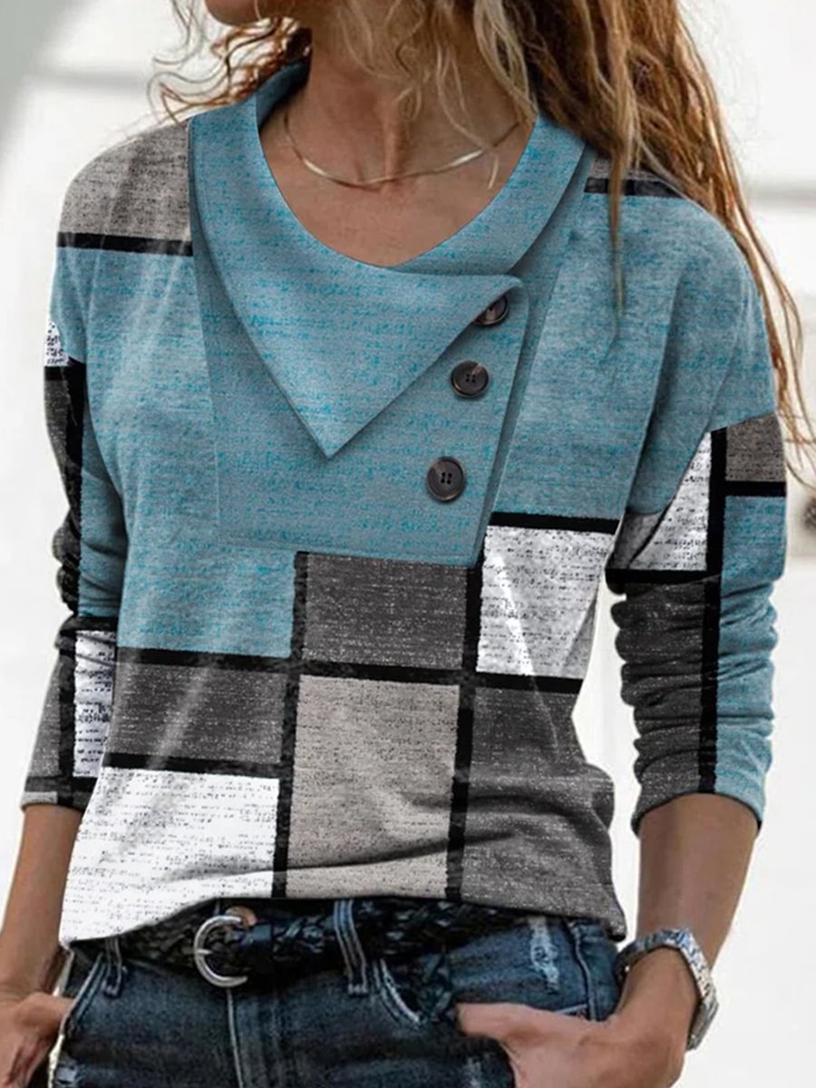Casual Geometric Print Button Long Sleeve T-Shirt