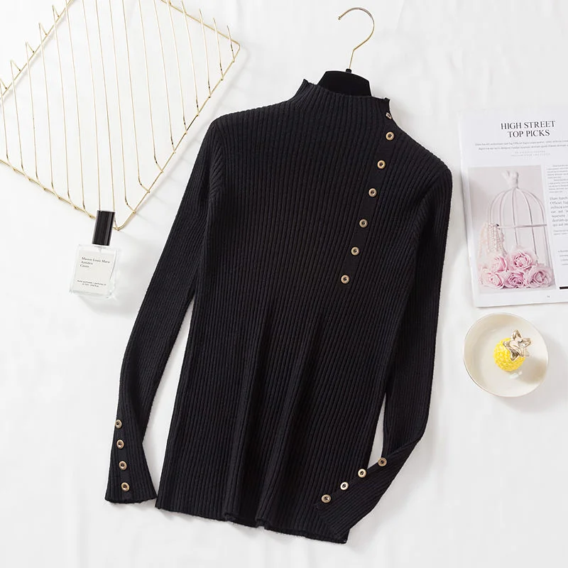 Women's Turtleneck Sweater Pullovers Button Knitted Ladies Autumn Winter Clothing Female 2020 Fashion Long sleeve