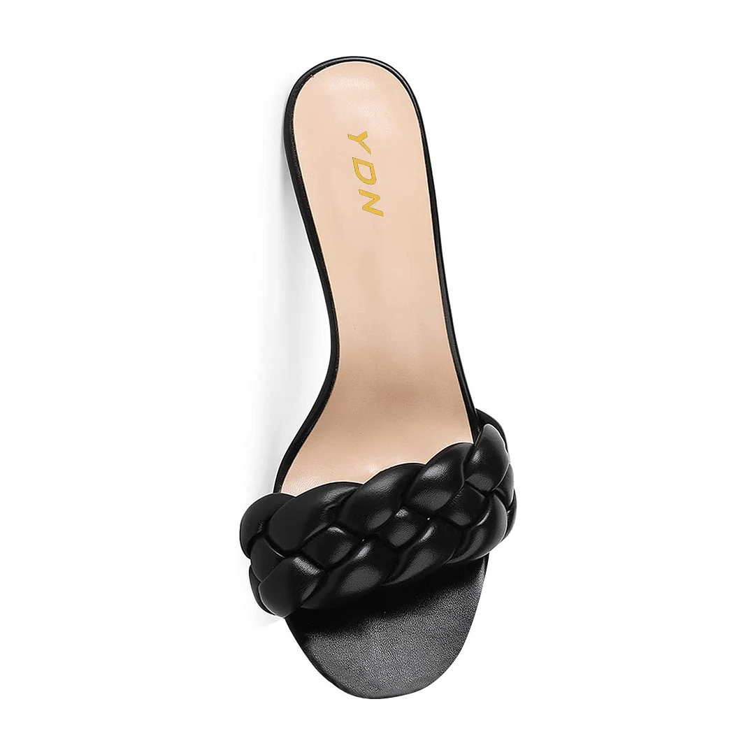 Chic Black Open Square Toe Braided Spool Heel Mules Sandals