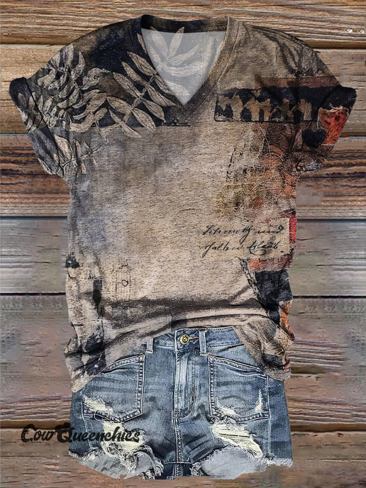 Vintage Art Print V Neck T-Shirt Multicolor / S