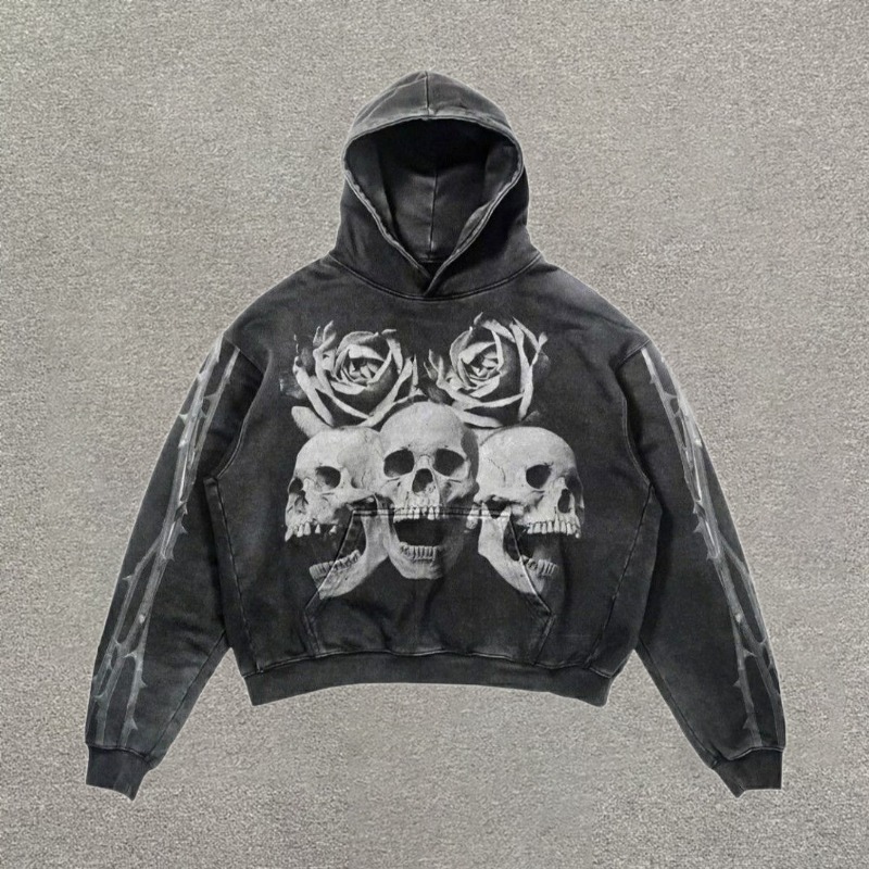 Retro Street Skeleton Rose Print Washed Hoodie