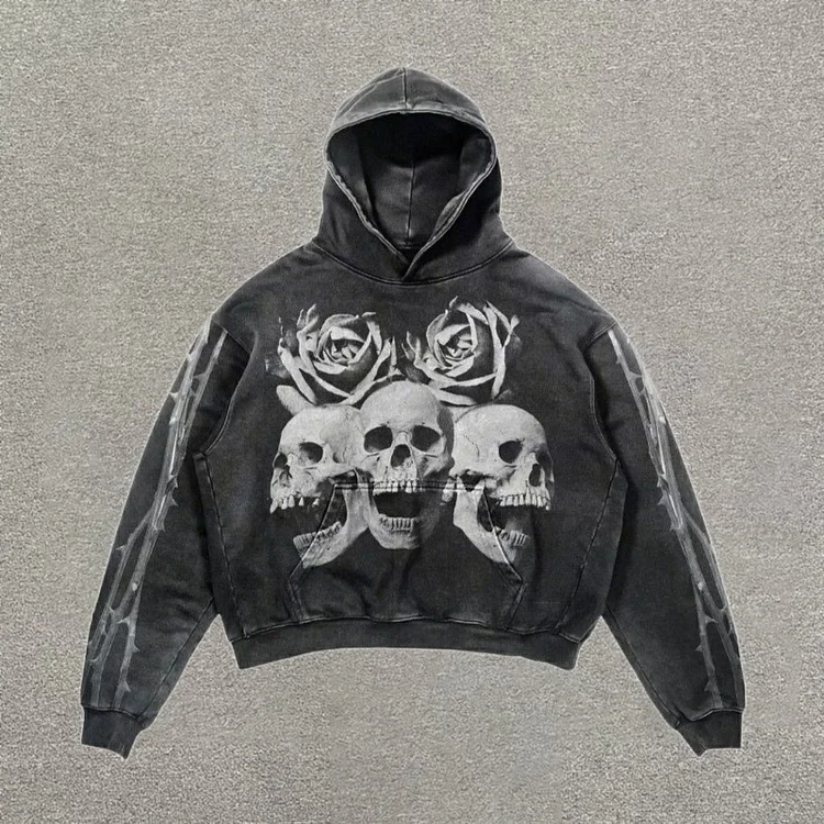 Retro Street Skeleton Rose Print Washed Hoodie