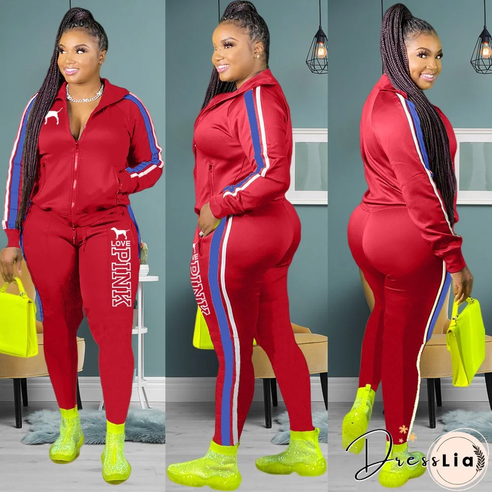 Plus Size Zipper Jacket Tops Sporty Pants Two Piece Set