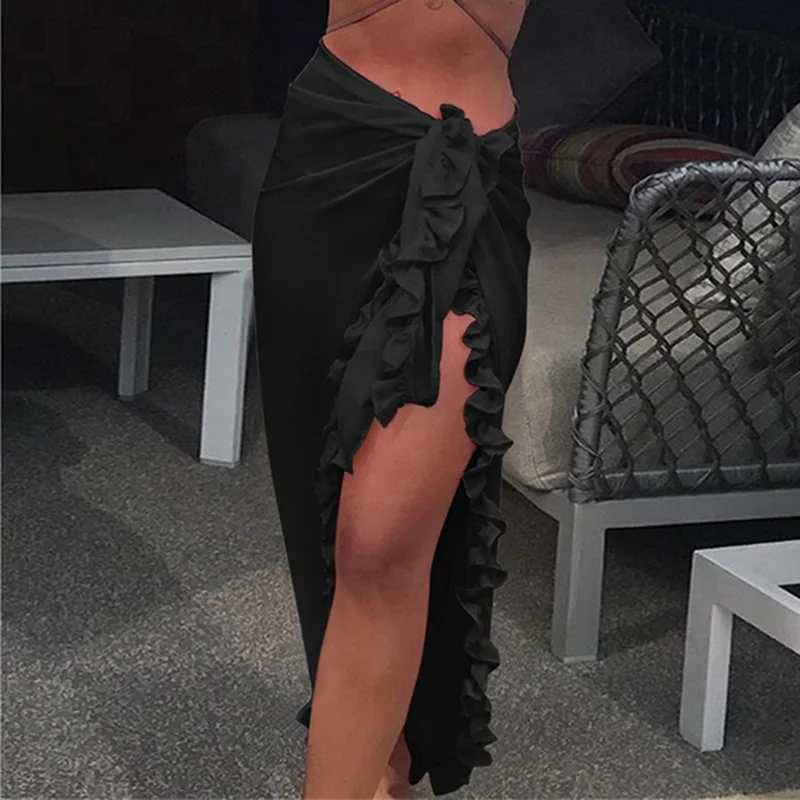 Ruffle Beach Summer Long Skirt Women 2023 Side Split White Red Black Pink Yellow Elastic Waist High Waist Skirts Clothes