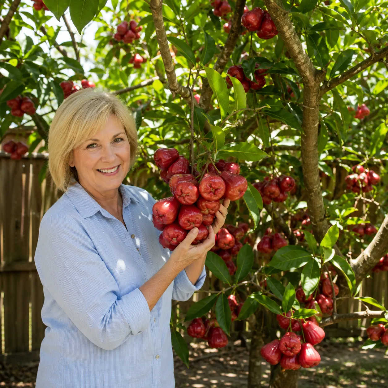 Gardener holding ripe wax apples on the tree