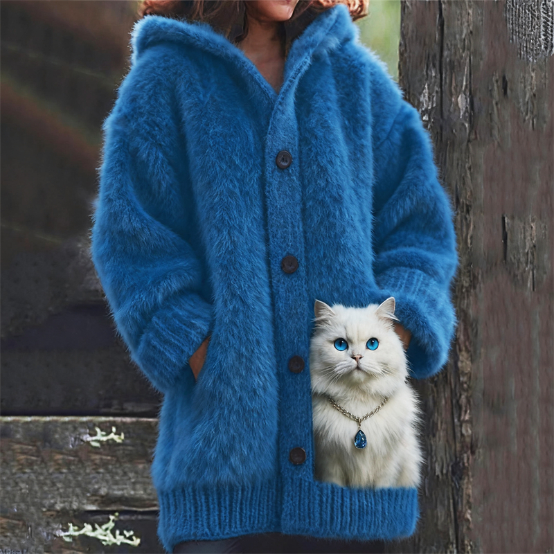 Classy White Cat With Diamond Cozy Knit Hooded Cardigan elevenforest