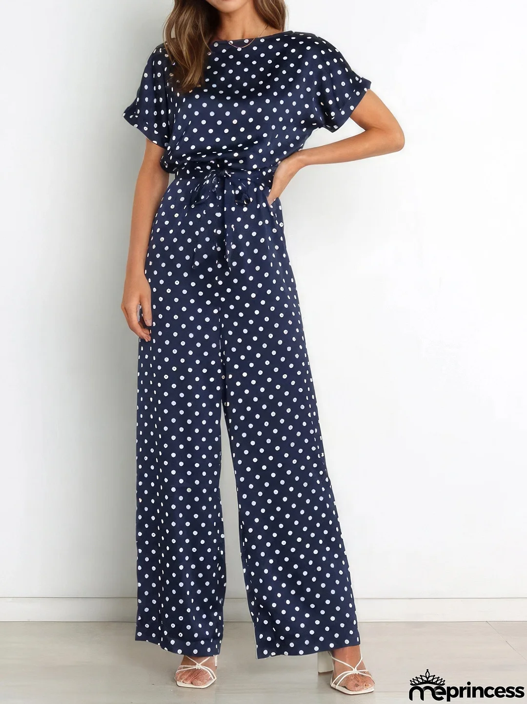 Polka Dot Print Belted Short Sleeve Jumpsuit