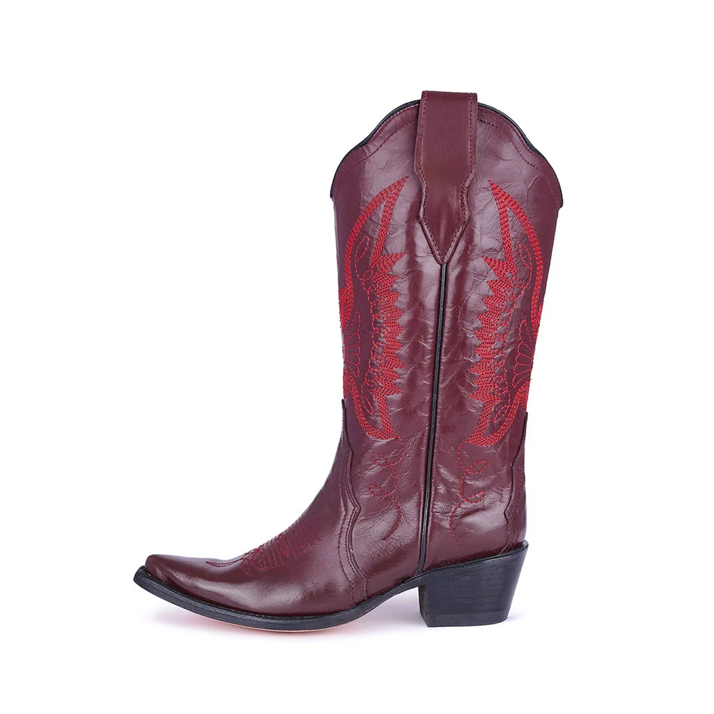 Burgundy Eagle Embroidery Chunky Heel Cowboy Boots for Women