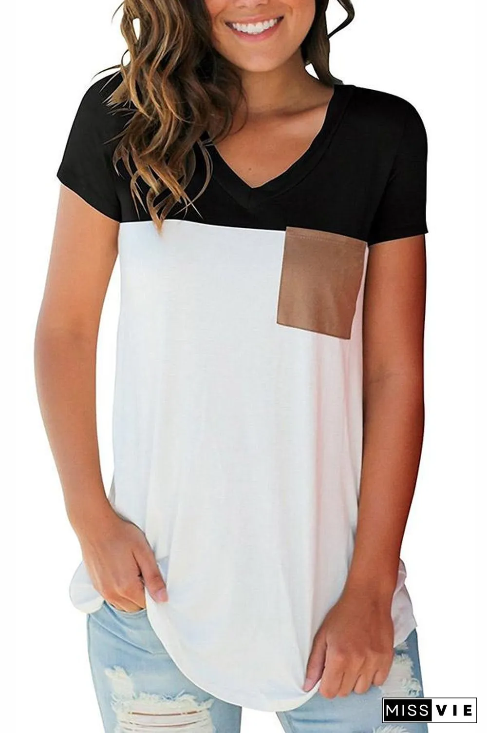 Mixed Color Pocket V Neck Top