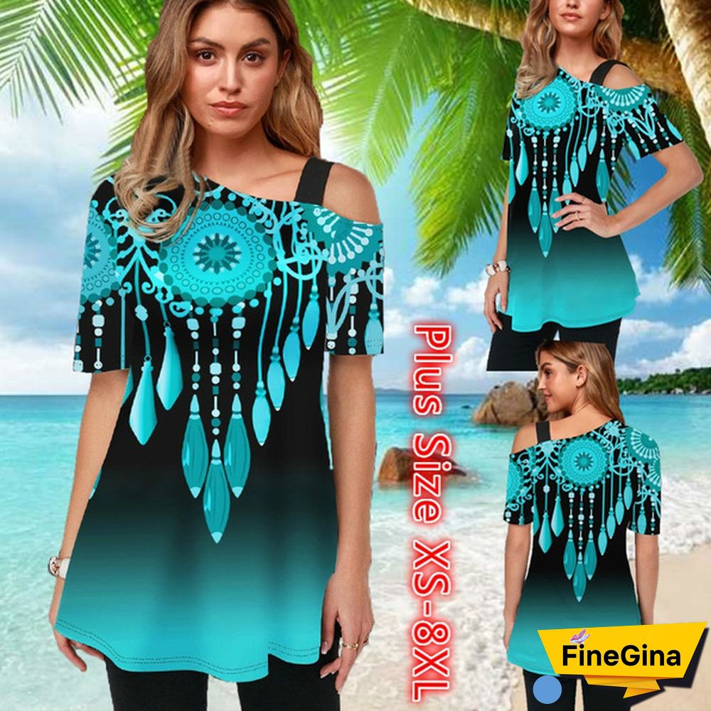 Womens Tops Femme Blouse Tribal Print Short Sleeve Gradient T Shirt Plus Size XS-8XL
