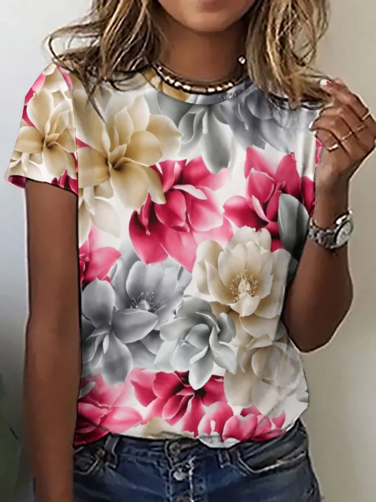 Printed Short Sleeve Casual T-shirt for  Women and Men Unisex Pattern Red, Gray, Floral
