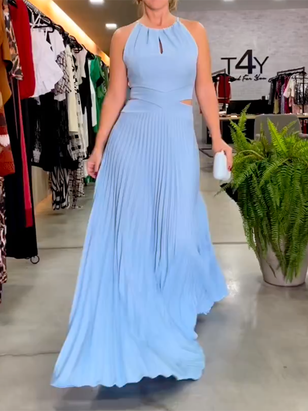 Pleated Solid Color Sleeveless Round-Neck Maxi Dresses