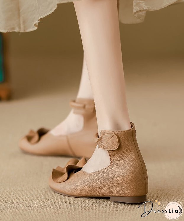 Khaki Ruffled Cowhide Leather Stylish Splicing Flats Buckle Strap