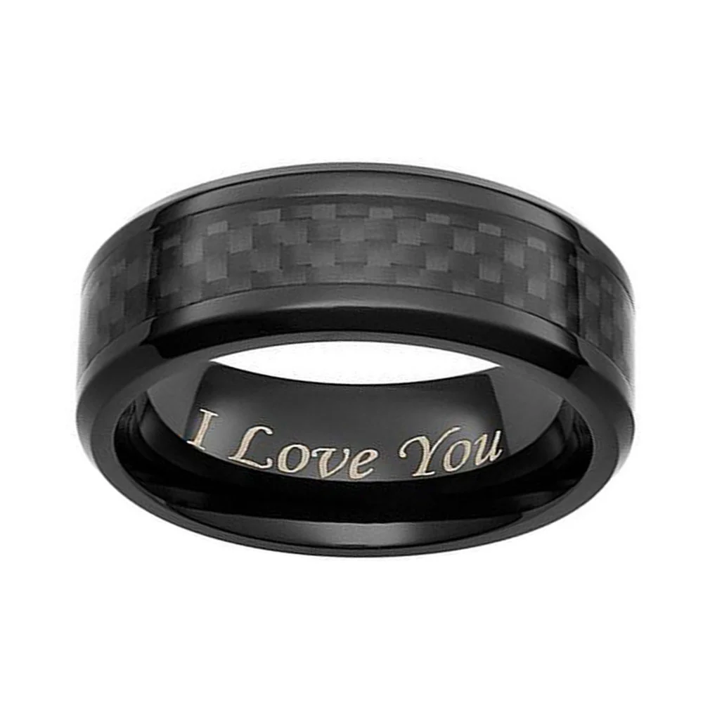 8MM Tungsten Ring Black Carbon Fiber Inlay Polished Finished For Men Wedding Band with I Love You