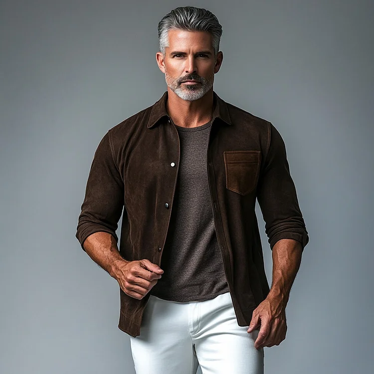 Mens Casual Suede Chest Pocket Single Breasted Long Sleeve Shirt-inspireuse