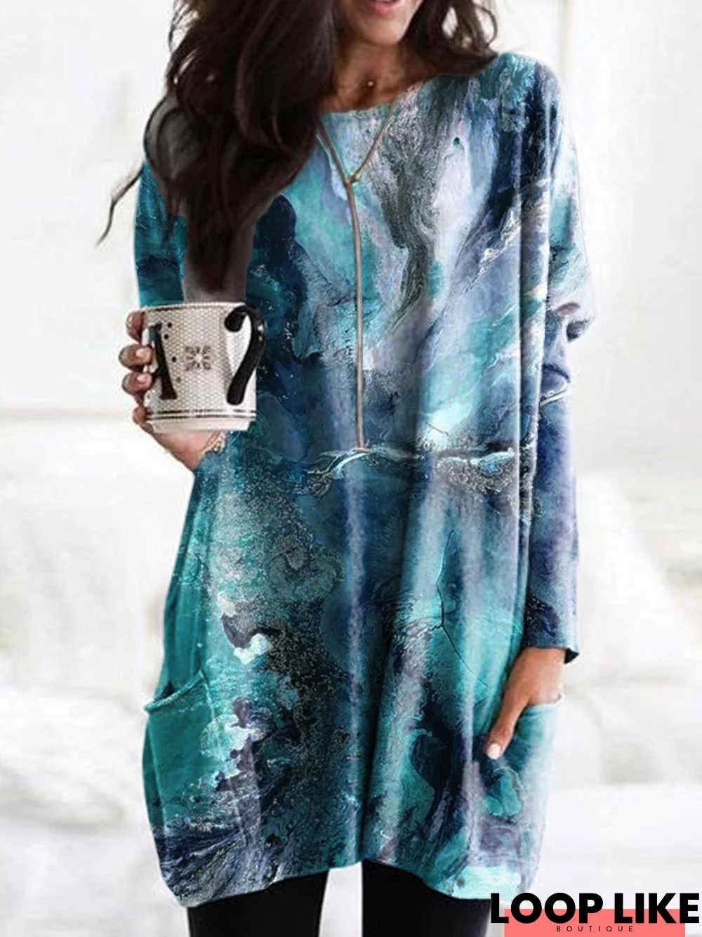 Long Sleeve Floral-Print Boho Tunic Top