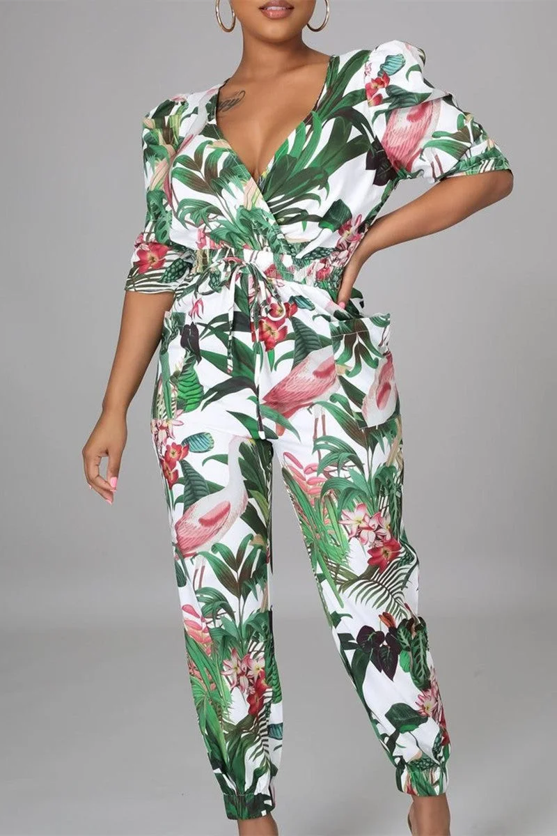 Fashion Casual Print Split Joint V Neck Regular Jumpsuits