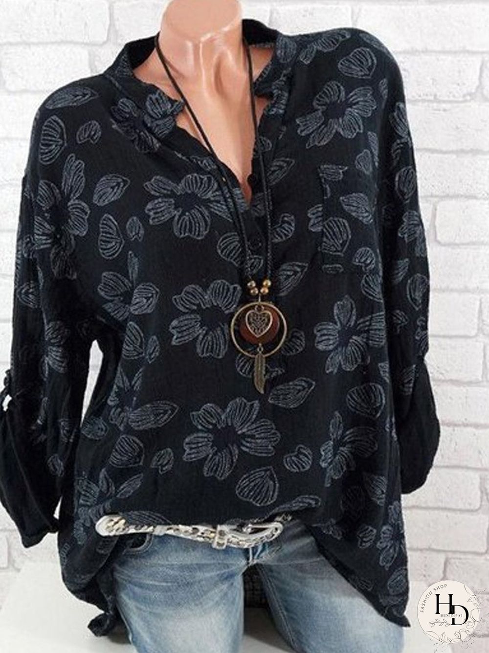 Women Floral Print Long Sleeve V Neck Blouse Chiffon Casual Tops Plus Size