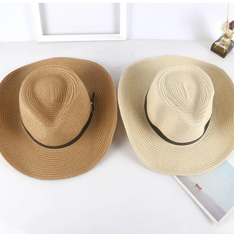 Fashion Men’s Western Cowboy Hat Outdoor Mountaineering Sun Protection Big Brim Hat Summer Jazz Top Hat Straw Hat