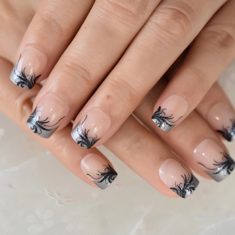 Agreedl Plastic False Nail Tips Square Artificial Short French Fake Nails With Black Clear Flower Pattern Decoration Design
