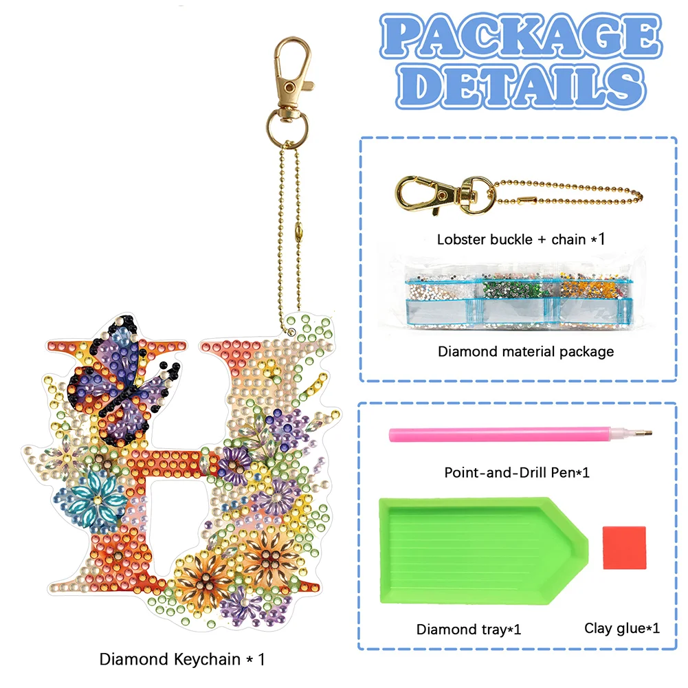 DIY H Diamond Art Key Rings Lettter Keychain Supplies Gift for Kids(Double Sided)