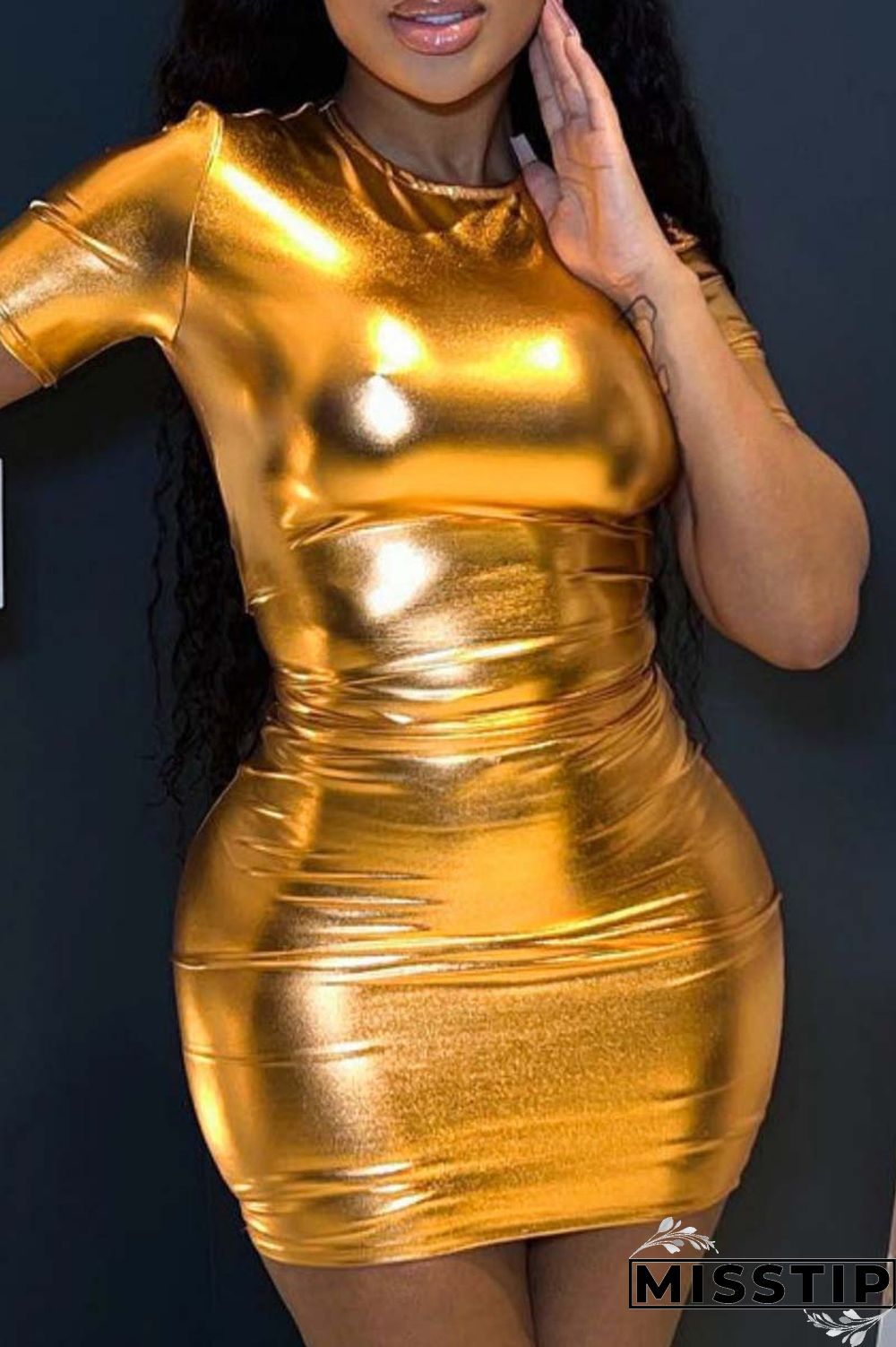 Gold Casual Solid Basic O Neck Short Sleeve Dress